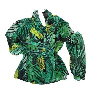 The Kooples Green Tropical Palm Leaf Print Bow Silk Blouse Top Womens